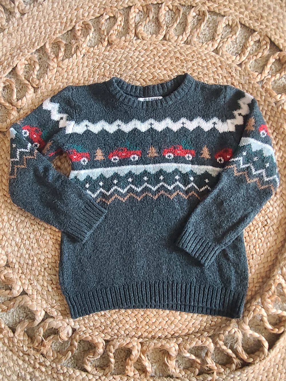 Old Navy Dark Green Kids Sweater with Red Truck Motif